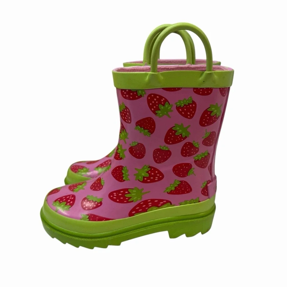 Blue Mountain Kids Strawberry Print Pink Lime Green Rubber Rain Boots BM230 13/1